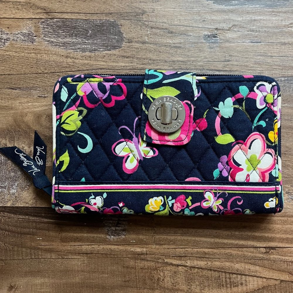 Vera Bradley Large Wallet | Ribbons Pattern | Blue Pink Flowers and Butterflies
